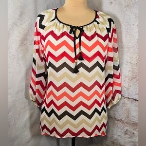 NEW DIRECTIONS Large Sheer White Pink Black Khaki Chevron Relaxed Fit Top NWOT